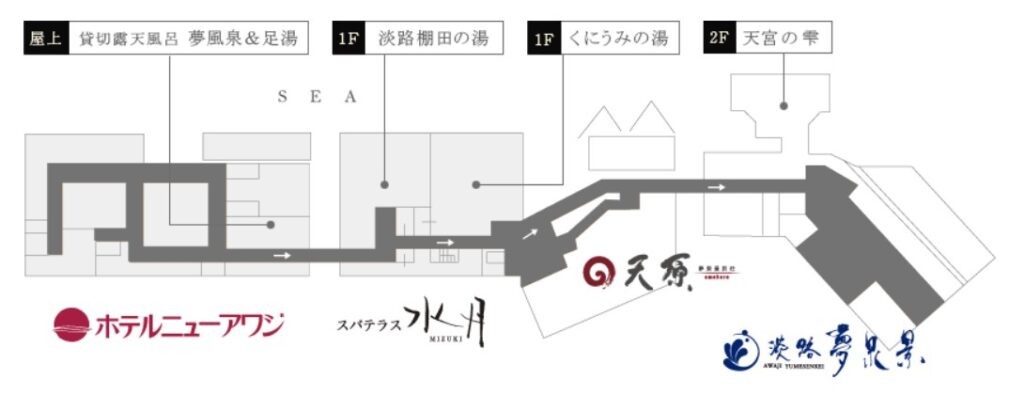 ホテルニューアワジと系列施設の温泉マップ